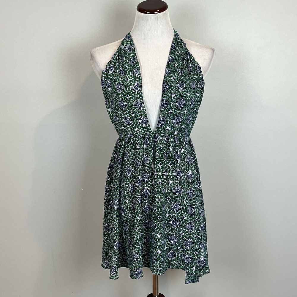 OLIVACEOUS Womens Size Medium Dress Open Back Plunge Green Medallion Mini NWT